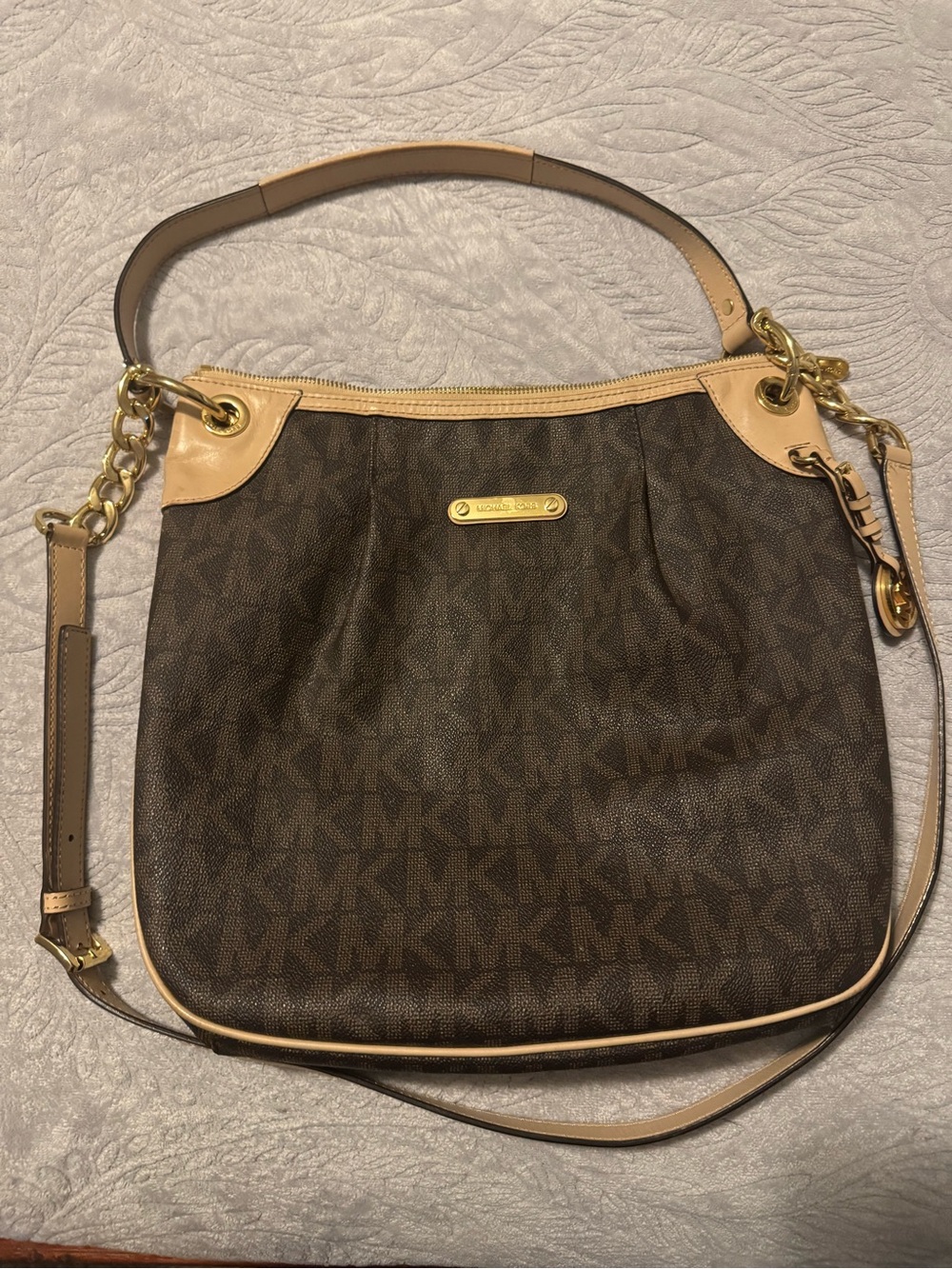Michael Kors Brown Logo Shoulder Bag with Light Tan Trim